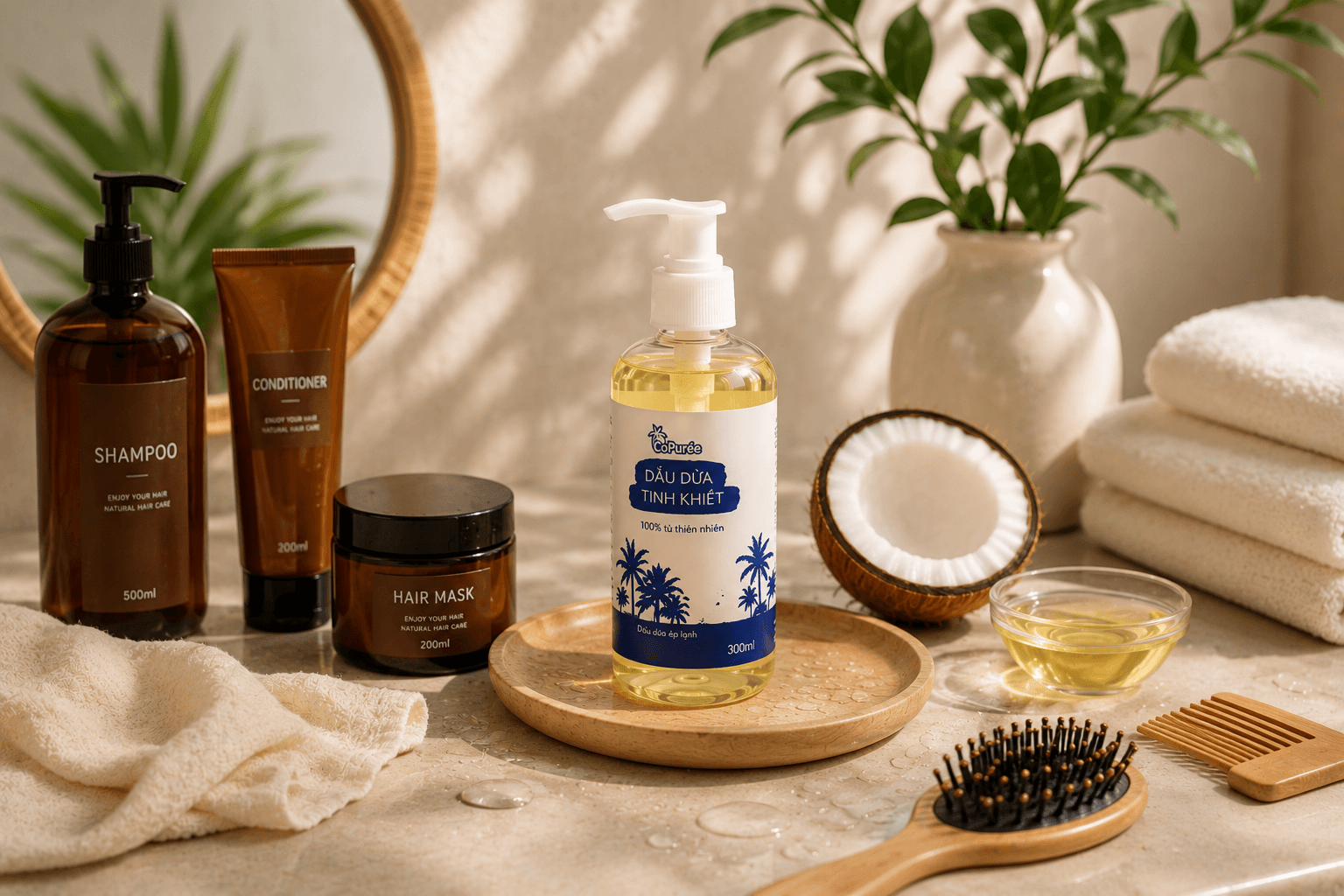 Dầu dừa CoPuree trong góc chăm sóc tóc